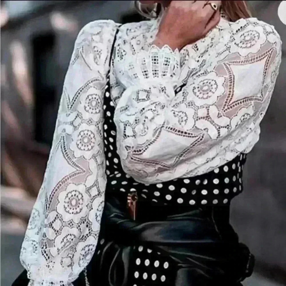 Restocking White Lace High Neck Long Sleeve Shirt - Picture 4 of 11
